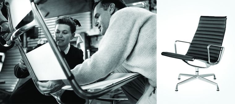 Charles and Ray Eames examining sling locations on an Aluminum Group Lounge Chair, 1958. Photographer Marvin Rand.