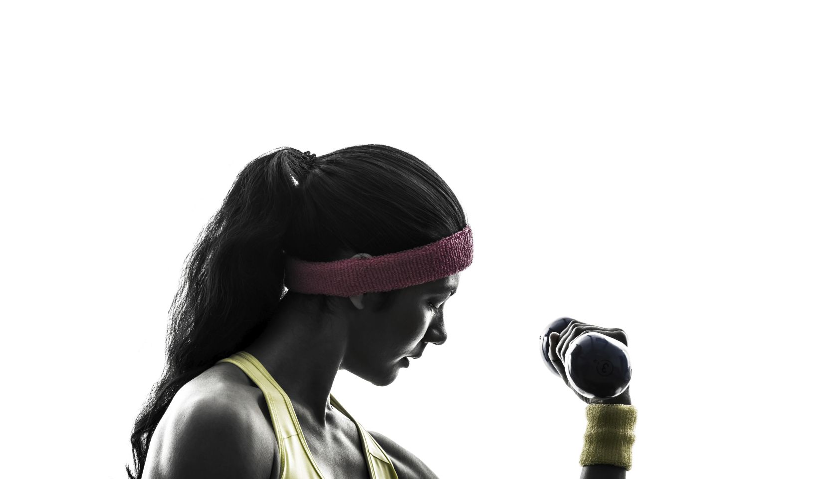 one woman exercising fitness workout weight training in silhouette on white background