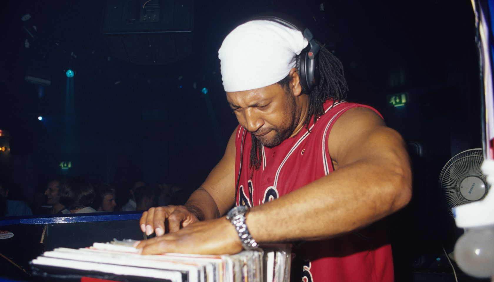 DJ Kool Herc, looking through his records, DJing, Blackpool, UK 07.10.2000