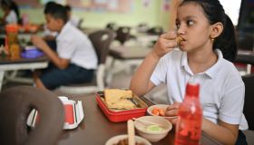 School girl eating healthy lunch during lunch break in classroom