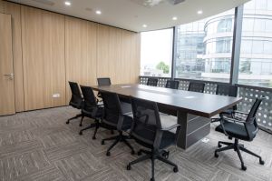Empty chairs in meeting room of empty modern office