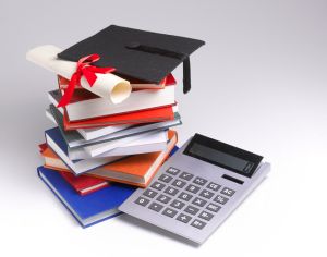 Cost of college/university education, pile of books, with diploma and mortarboard