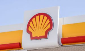 General view of the Shell logo at a petrol station in London...