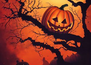 Smiling carved pumpkin, dry tree at full moon night, illuminated Jack 'o Lantern