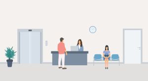 Waiting Room In The Hospital Or In The Office With Young Woman Waiting Appointment Time. Woman Receptionist Talking With Young Man At Reception Desk