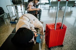 Young Asian business woman with hijab waiting for delayed flight and sleeping on chairs at airport