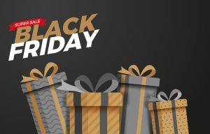 Holiday gifts and stack of wrapped presents for Black Friday shopping holiday