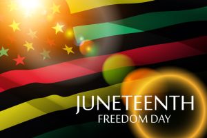 Waving Alternative Juneteenth Flag with Lens Flare and text. Since 1865. Design of Banner.