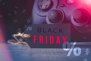 Black friday video game sale. Gamepad and price tag. Cyber sale.