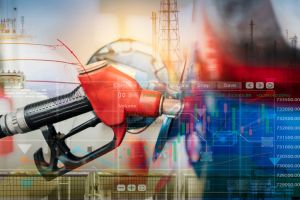 Car fueling at gas station. Refuel fill up with petrol gasoline. Blur industrial gas storage tank and petroleum refinery plant. Petrol industry. Petrol price and oil crisis concept. Stock market graph