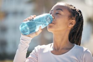 Drinking water, fitness and black woman in urban city with workout challenge for health, wellness and nutrition. Young sports, athlete or runner woman with water bottle for exercise, training outdoor