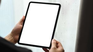 Close up view of man hands holding digital tablet in bright living room. Blank screen for text information or content.