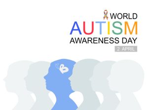Silhouette of different child with butterfly and autism ribbon in flat vector, autism awareness day concept.