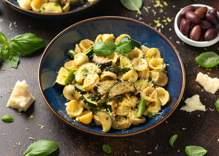 Lemon infused Orecchiette pasta with courgette or zucchini and asparagus
