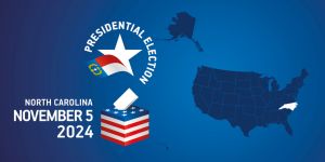 USA Presidential election November 5, 2024. Voting Day 2024 in North Carolina. USA elections 2024. North Carolina flag USA stars with USA flag, map, ballot box and ballot on blue background