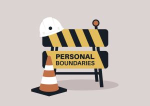 A conceptual depiction of a construction site with a striped barrier labeled Personal Boundaries, a hard hat, and a traffic cone, symbolizing the importance of setting private limits