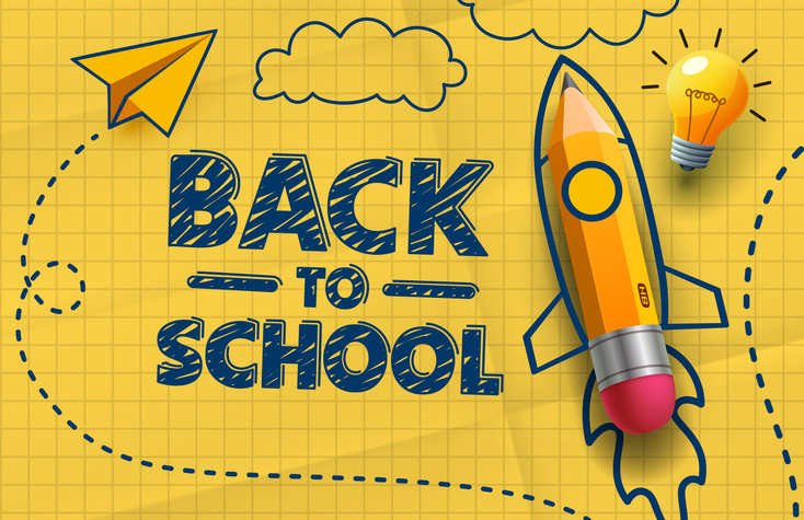 Back to school, pencil shaped rocket. Vector illustration