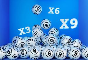 Lottery balls and number 9 on them with clipping path on blue background