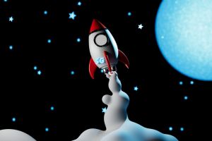 satellite TV and Internet. a rocket taking off with the inscription 5g among the stars on a black background. 3D render
