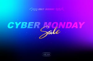 Colorful Cyber Monday promo with neon gradient and dynamic text.