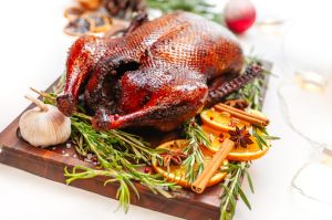 Traditional festive food for Christmas or Thanksgiving turkey isolated