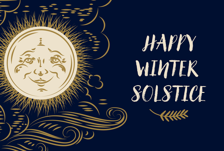 Happy Winter Solstice Greeting card design template in dark blue with decorative sun