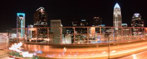 charlotte north carolina skyline view at night from roof top restaurant