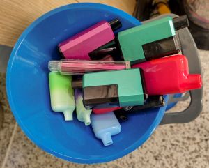 Recycled smoking vapes collected in rubbish bin at glasgow scotland england