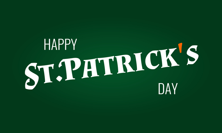 happy st. patrick's day, white and orange text over green gradient background
