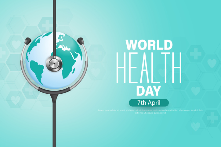 World Health Day banner template design with stethoscope and planet.