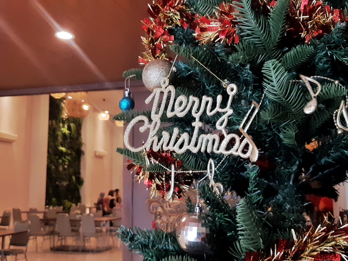 Festive Christmas Tree with "Merry Christmas" Signage in Modern Interior