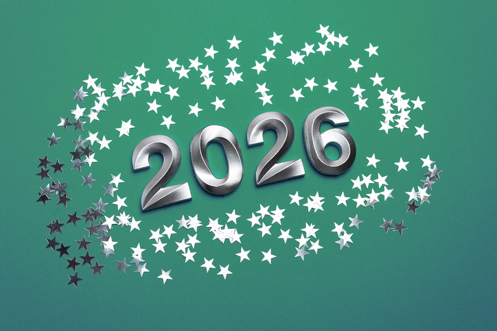 Metallic 2026 Numbers with Silver Star Confetti on Green Background