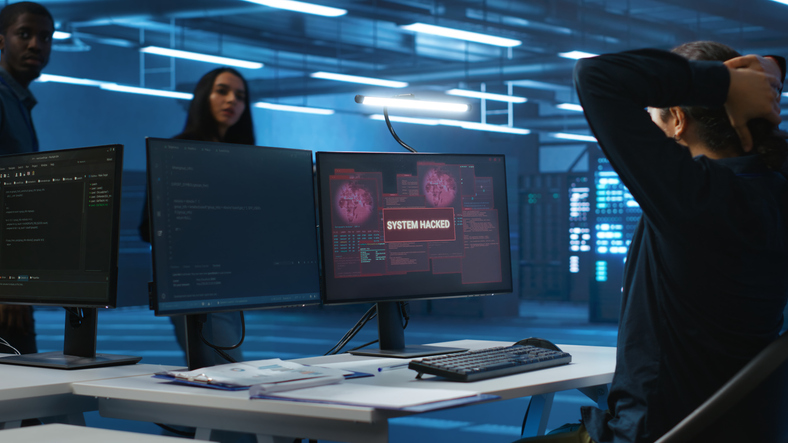 Cybersecurity team reacts to a System Hacked alert in a dark, futuristic server room