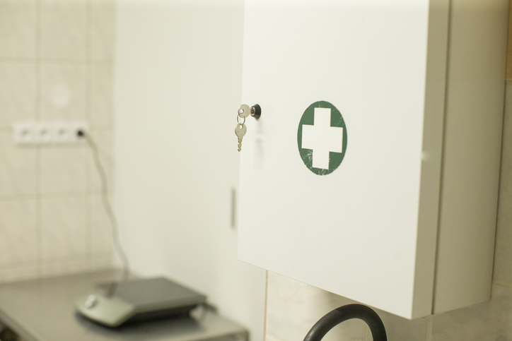 Sterile First Aid Cabinet Neatly Positioned On Tiled Countertop For Quick Access