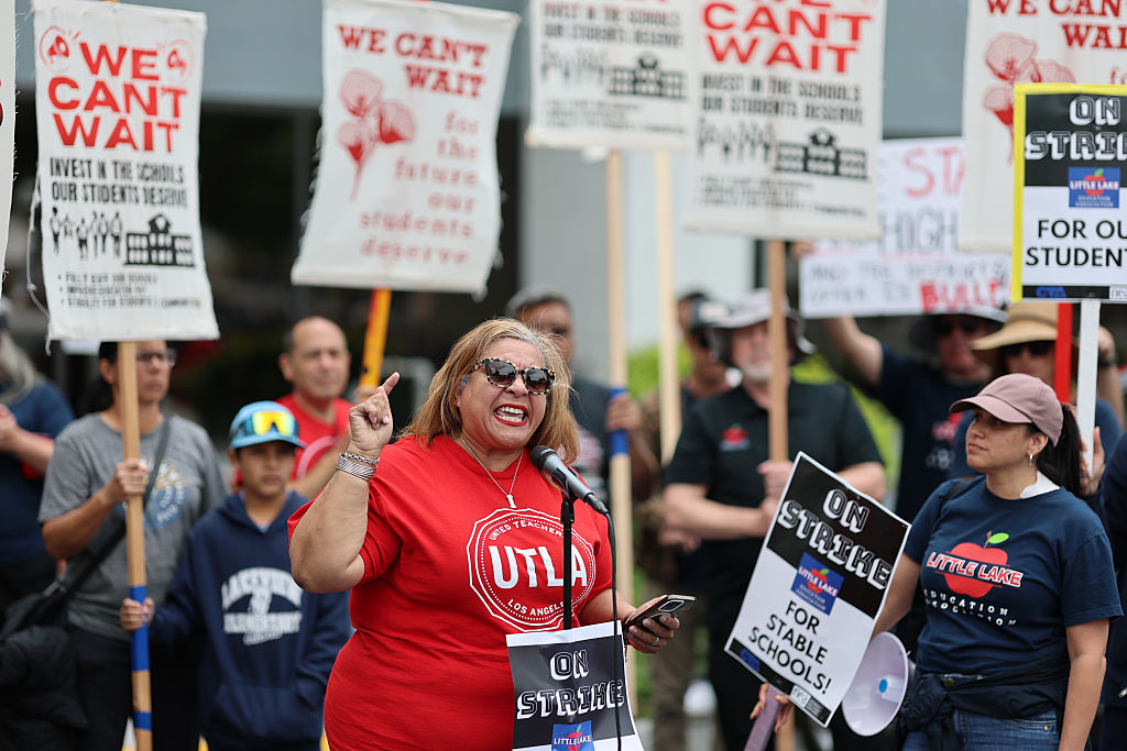 Striking Little Lake City School District teachers rally and march at the California Teachers Association office. Then a march to Santa Fe Springs City Hall where protesters attempted to serve school board member Manuel Cantu a notice of intent to recall,
