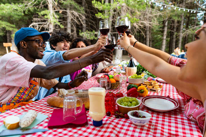 multiracial happy friends dining and having fun toast and drinking with red wine on picnic table in party outdoors park countryside
