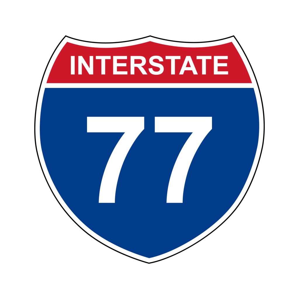 Interstate 77. Interstate highway sign. Road number. Signpost indicating route numbers in the U.S. Interstate Highway System. Even numbers run west to east. Odd numbers run north to south.