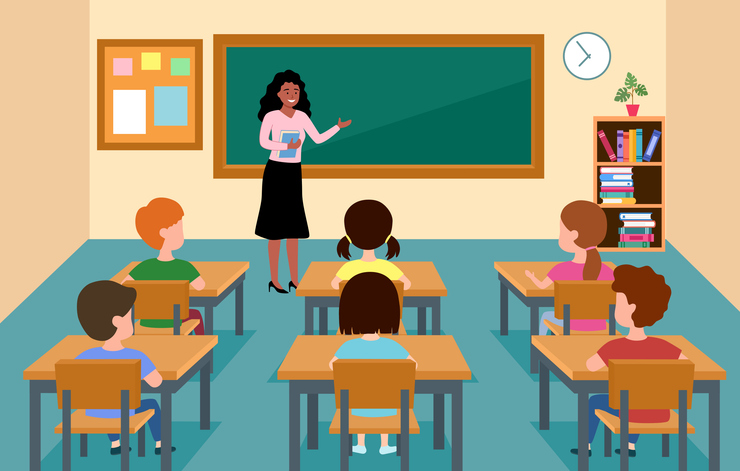 Lesson in classroom. Pupils at desks and teacher standing near chalkboard vector illustration. School education, lesson classroom