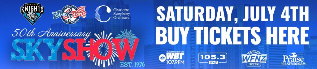 50th anniversary Sky Show event poster with fireworks, logos for Charlotte Knights baseball team, WBT 107.9 FM radio station, and other sponsors.
