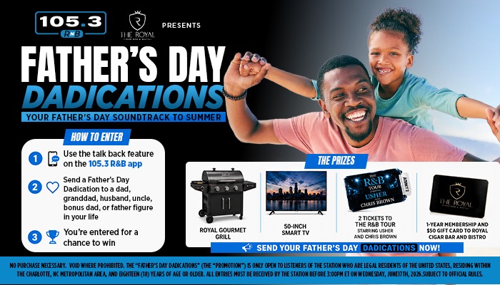 A smiling father and daughter holding up a radio station's Father's Day contest promotion featuring prizes like a grill and smart TV.