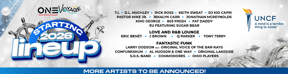 One Voyage music festival lineup poster for 2026 featuring artists like T.I., D.L. Hughley, Rick Ross, Keith Sweat, DJ Kid Capri, and more.