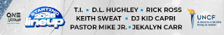 One Mighty Radio logo with text "T.L. & D.L. Hughley • Rick Doss • Keith Sweat • DJ Kid Capri • UNCE" and "WRNB 100.3" station call letters.