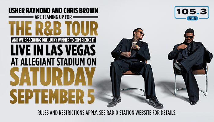 Usher Raymond and Chris Brown seated in chairs, promoting "The R&B Tour" live in Las Vegas at Allegiant Stadium on September 5.