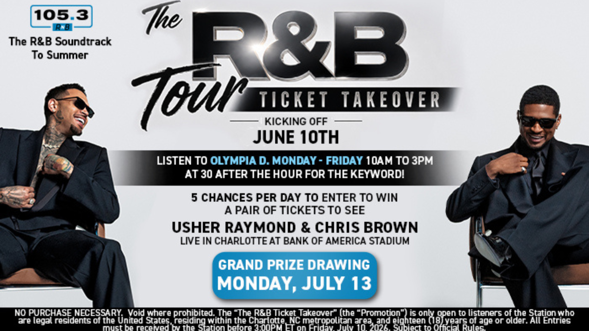 The R&B Tour Ticket Takeover event promotion featuring Usher Raymond and Chris Brown, with details on how to enter to win tickets to their live performance in Charlotte.