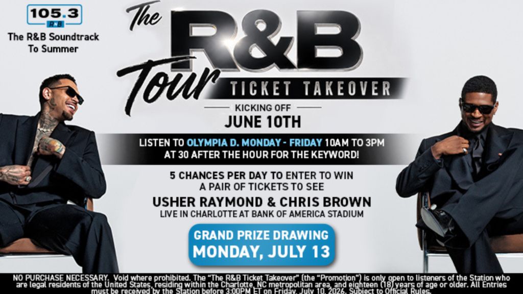 The R&B Tour Ticket Takeover event promotion featuring Usher Raymond and Chris Brown, with details on how to enter to win tickets to their live performance in Charlotte.