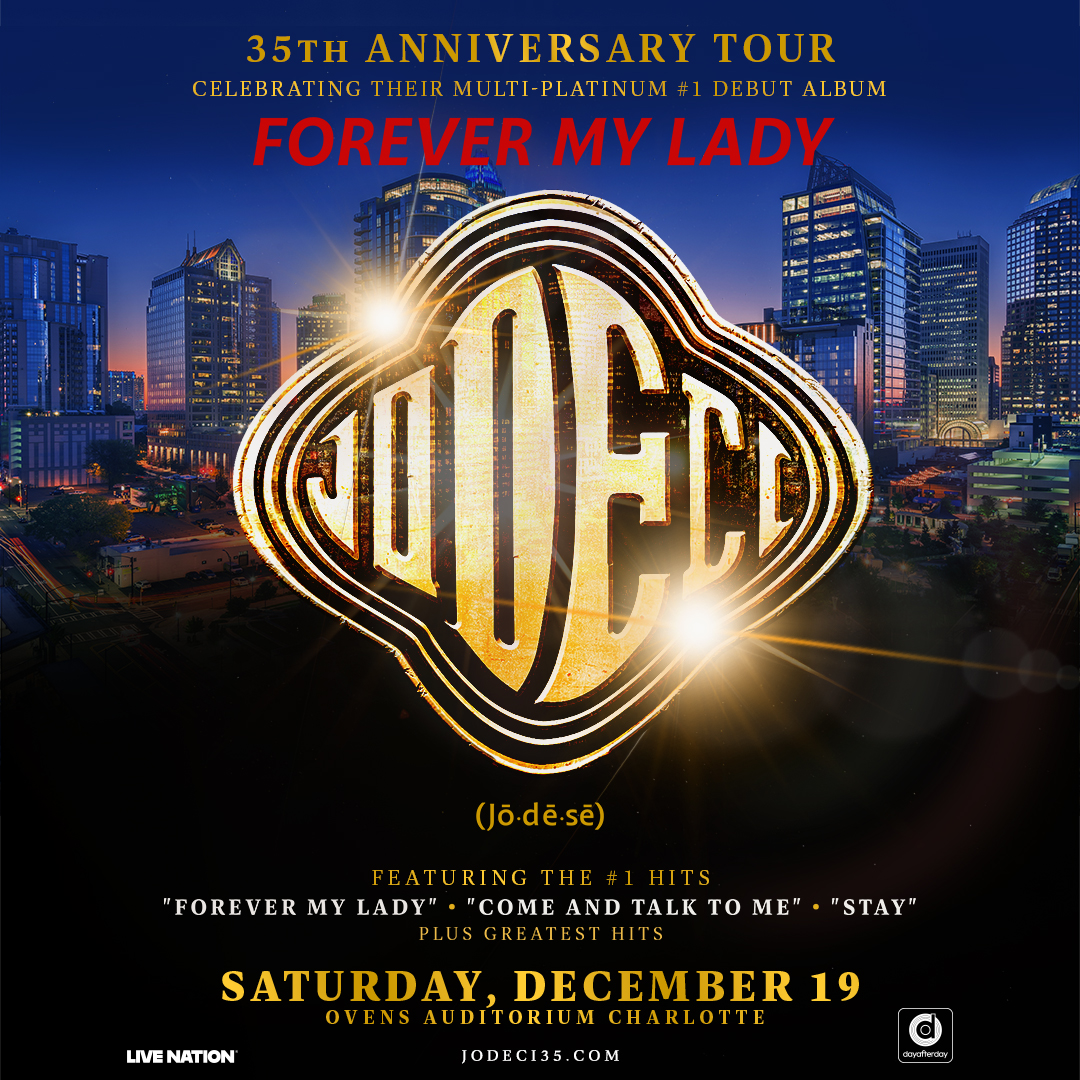 35th anniversary tour poster for the band JODECI, celebrating their multi-platinum debut album "Forever My Lady". The poster features the band's logo and tour details, set against a cityscape skyline.