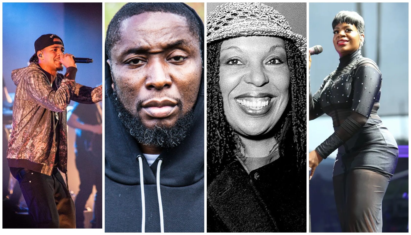 A collage of four images: a man performing on stage, a man with a beard, a smiling woman wearing a hat, and a woman in a black outfit performing on stage.