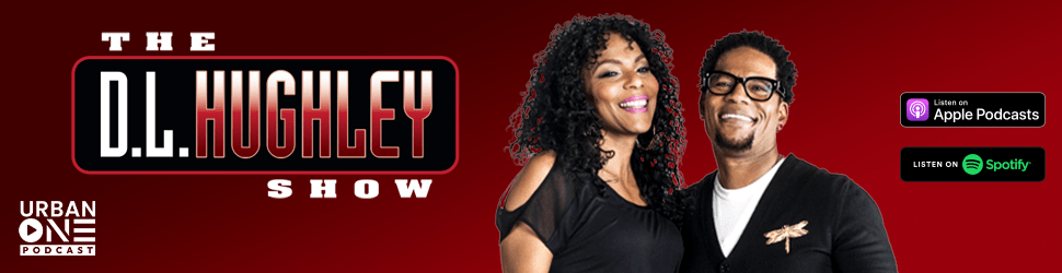 The D.L. Hughley Show podcast logo featuring two hosts, a woman with curly hair and a man with glasses, smiling against a red background.