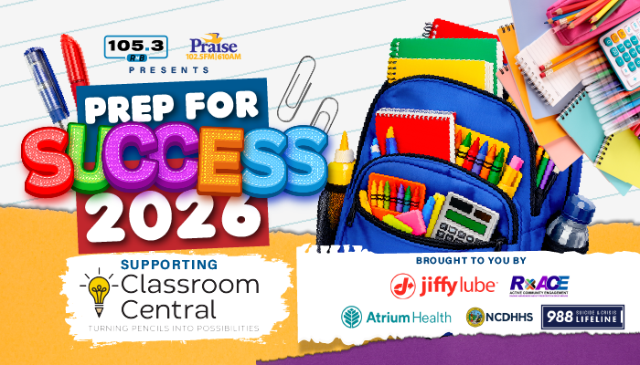 Colorful school supplies and backpack with text "Prep for Success 2020" and logos for Jiffy Lube, Atrium Health, and NCDHHS.