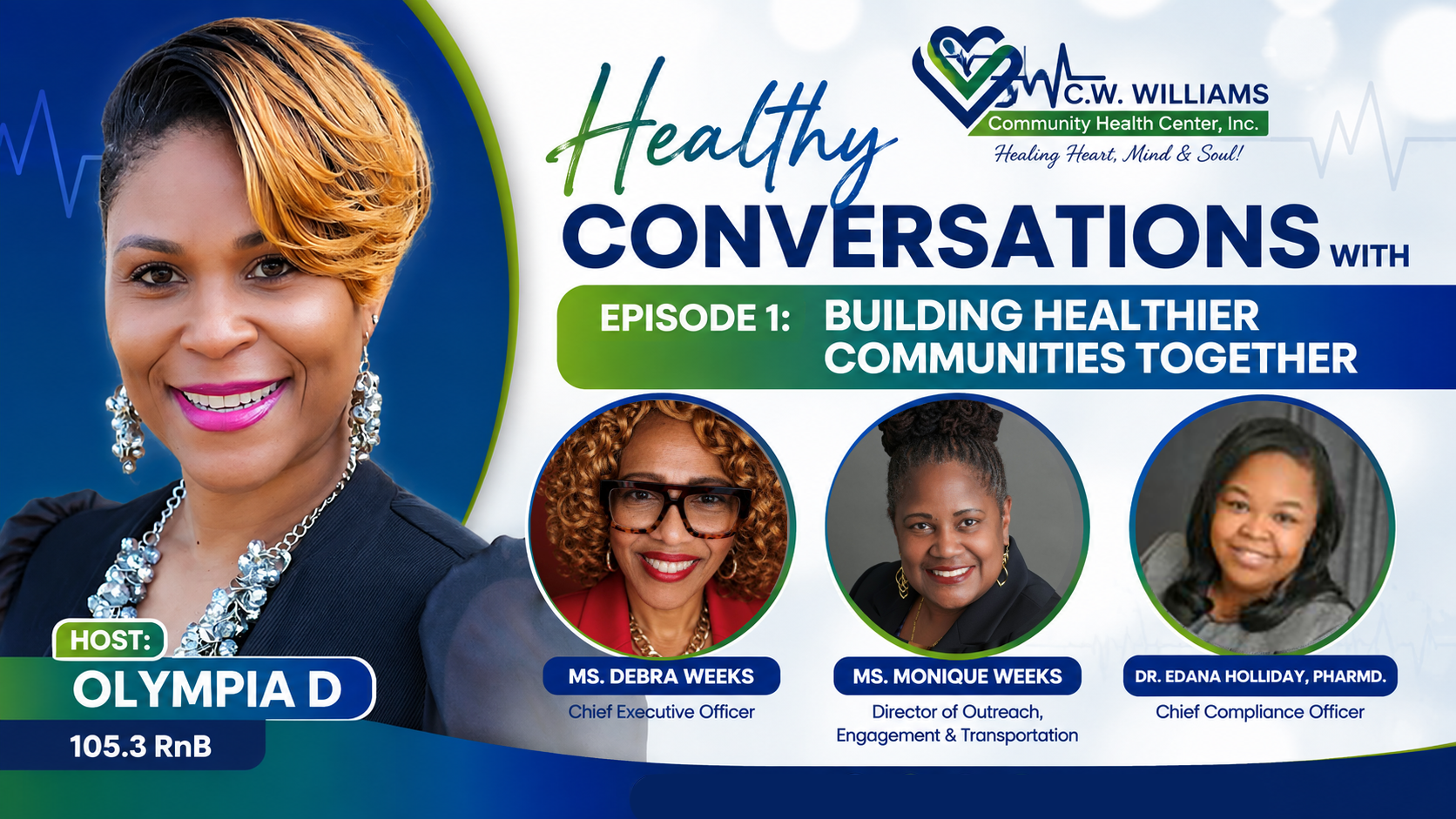 A smiling woman in a navy blue suit with a floral necklace, surrounded by three other women in professional attire. Text overlays include "Healthy Conversations with W.C.W. Williams Community Health Center, Inc." and episode details.